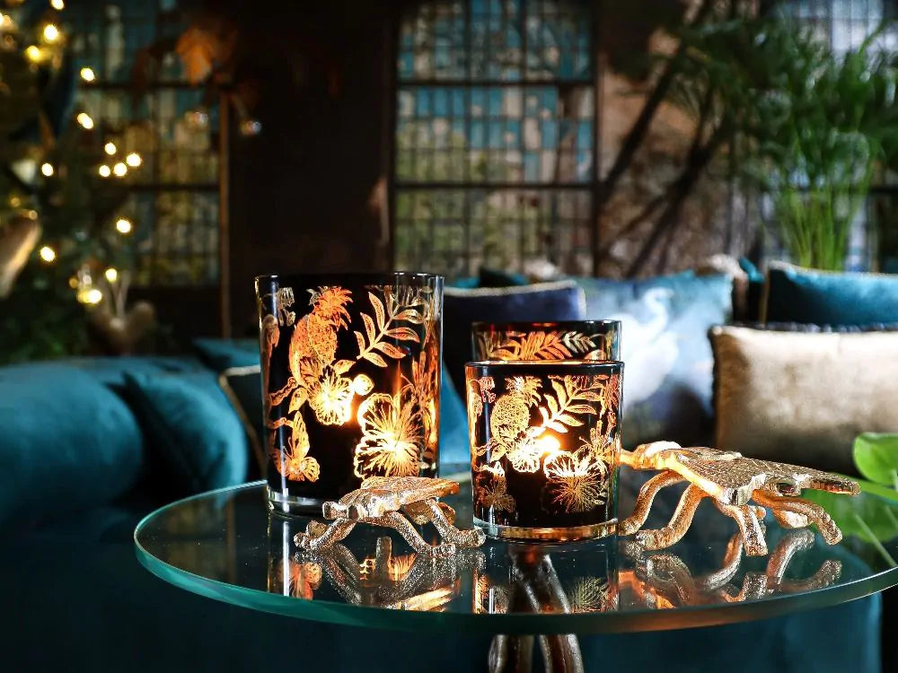 Teelichthalter-Set – Schwarz-Gold-Papageien – Glas