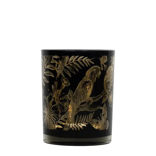 Teelichthalter-Set – Schwarz-Gold-Papageien – Glas