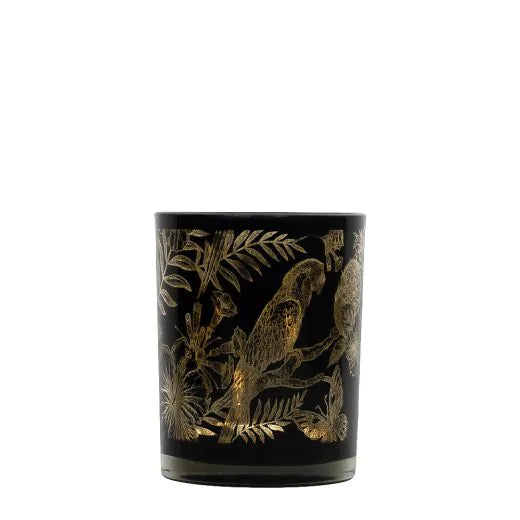 Teelichthalter-Set – Schwarz-Gold-Papageien – Glas
