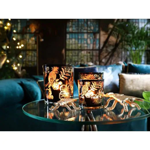 Teelichthalter-Set – Schwarz-Gold-Papageien – Glas