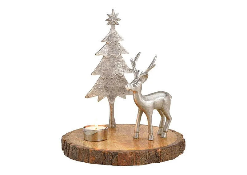 Theelichthouder kersttafereel rendier en kerstboom – metaal en hout 25 cm
