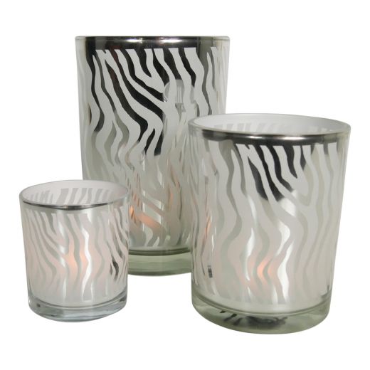 Glazen theelichthouders met zilveren zebraprint – klein & medium formaat