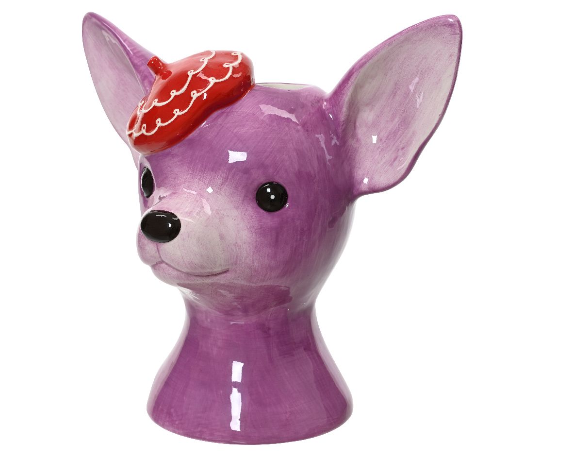 Lila Chihuahua-Vase mit Seidentulpen