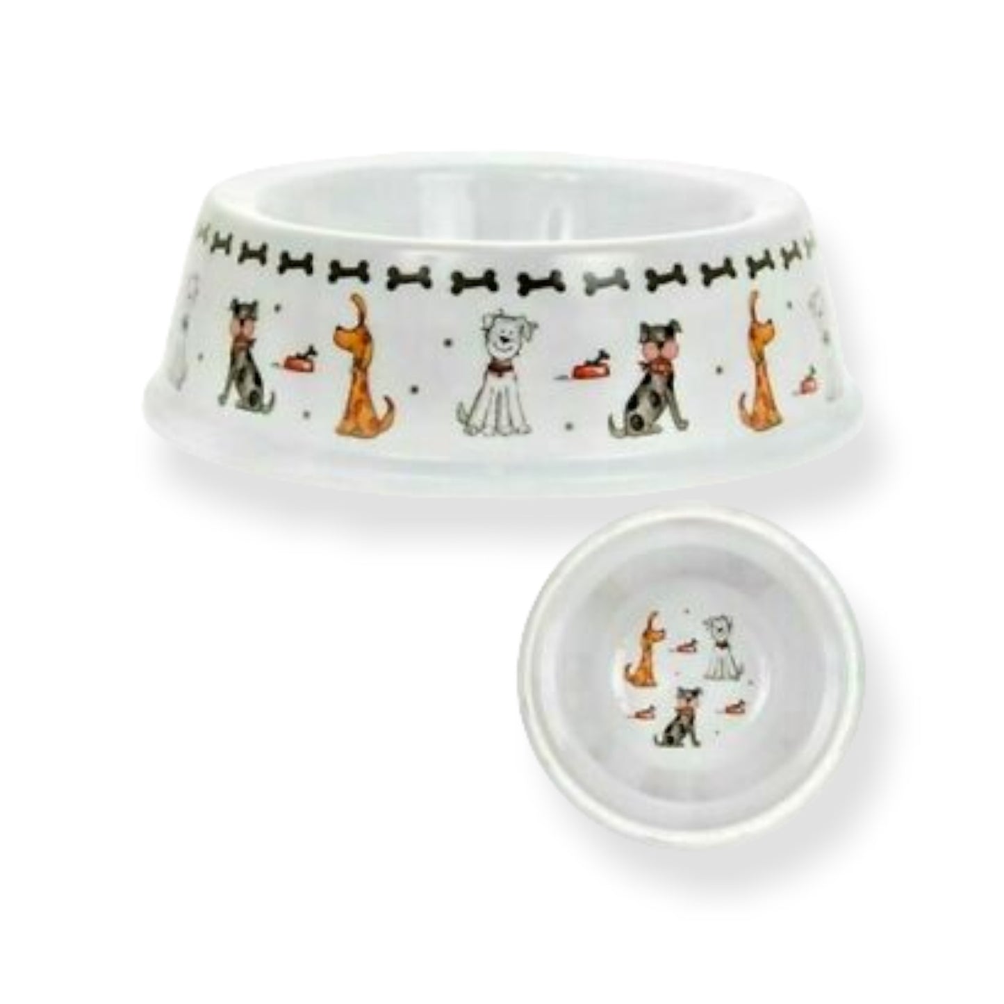 Witte melamine voerbak met kleurrijke hondenprint – Ø18×H7 cm