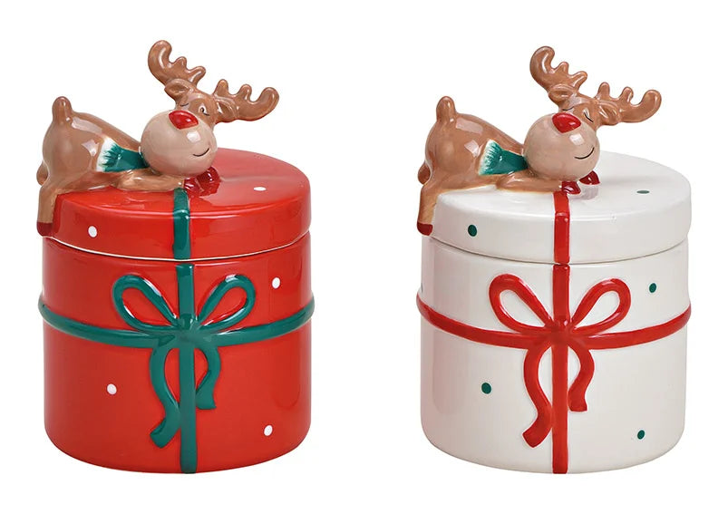 Kerst voorraadpot rendier rood en wit – set van 2 keramiek