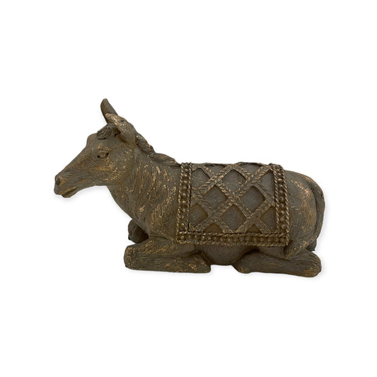 Beeldje van zittende ezel in grijs polystone met goudaccent, 14,5 cm
