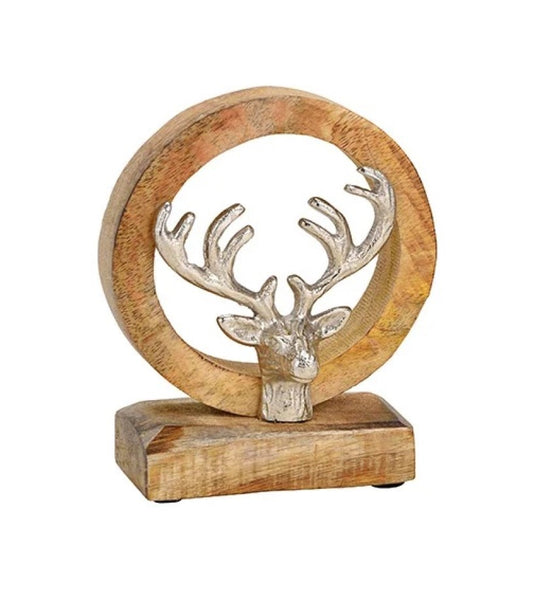 Ornament hertenkop met gewei in houten frame – zilver decoratie