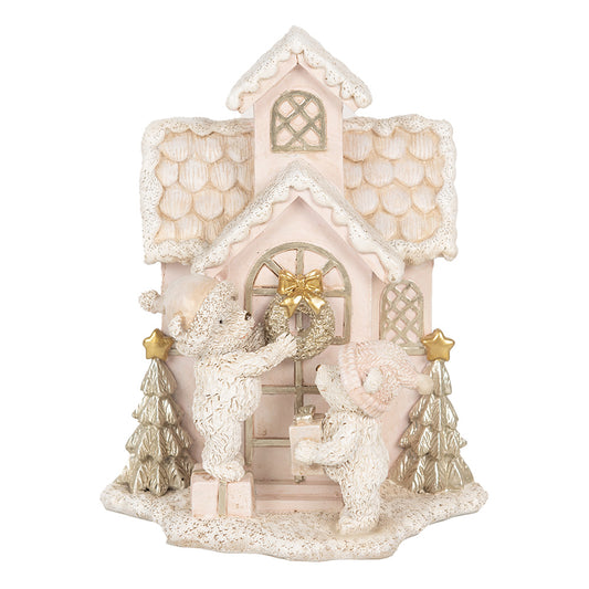Kersthuis met beren in roze en beige met LED-verlichting – kerstdecoratie