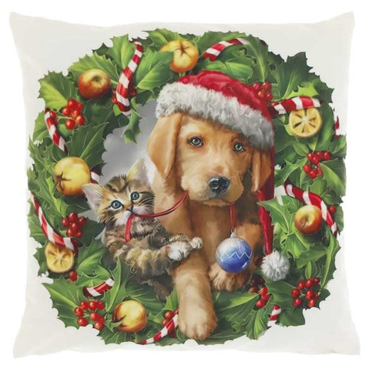 Kerstkussen met hond en kat in krans – Unique Living 45x45cm