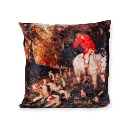 Decoratief sierkussen van Gifts Amsterdam met een klassiek jachttafereel, inclusief ruiter te paard en jachthonden zoals Cockerspaniëls en Golden Retrievers.

