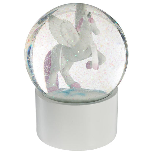 Sneeuwbol met witte eenhoorn en roze accenten – magische decoratie voor kinderkamer of cadeau-idee