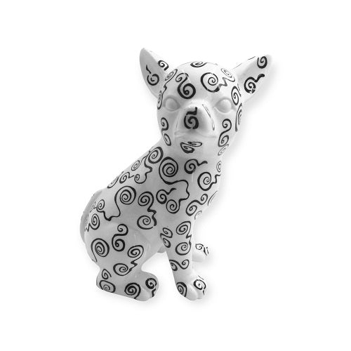 Zwart-wit keramisch Chihuahua beeld Nanou met kunstzinnige doodles – handgeschilderd van Pomme Pidou
