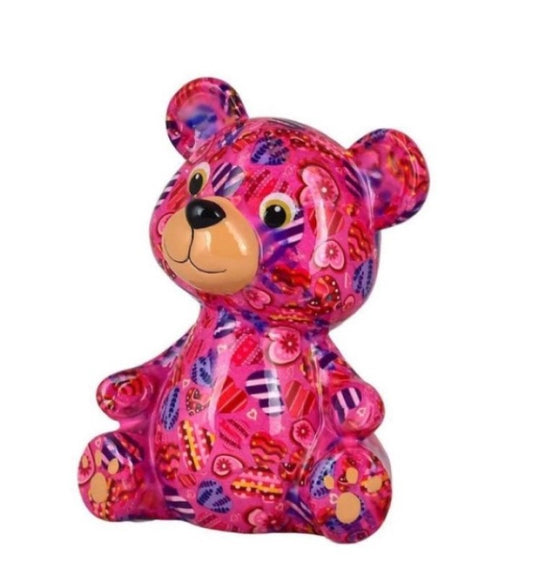 Spaarpot Beer Toto – Roze Hartjes 16x10x19 cm
