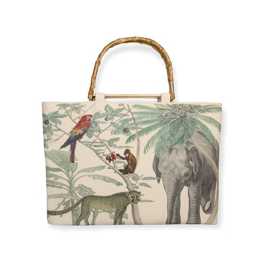 Jungle Bag van &Klevering met dierenprint en bamboe handvat – ruime tas met olifant, papegaai, aap en luipaard
