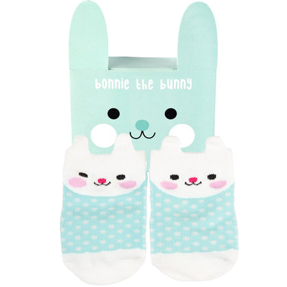Turquoise baby sokjes met konijn Bonnie the Bunny in cadeaudoosje