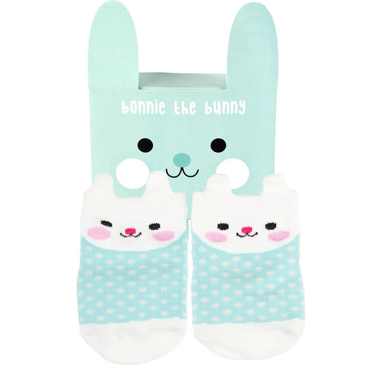 Turquoise baby sokjes met konijn Bonnie the Bunny in cadeaudoosje