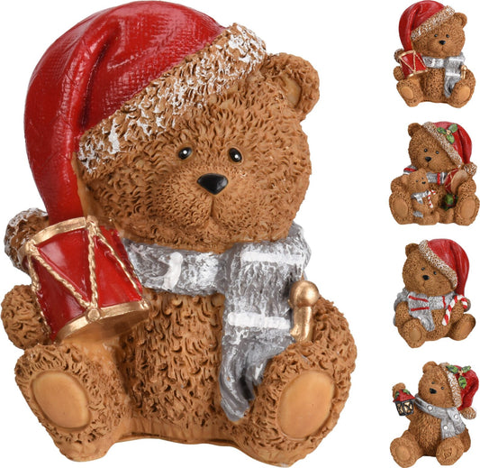 Mini kerstbeer beeldje 7 cm – variant met trommel en met knuffelbeertje