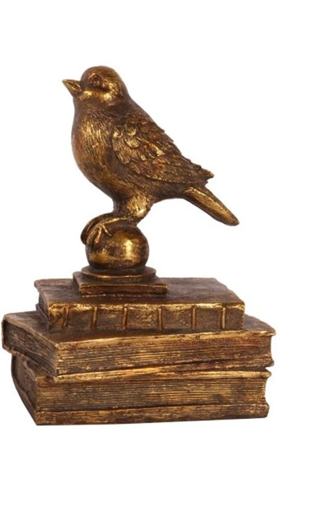 Gouden boekensteun met vogelbeeld op boeken – 21 cm