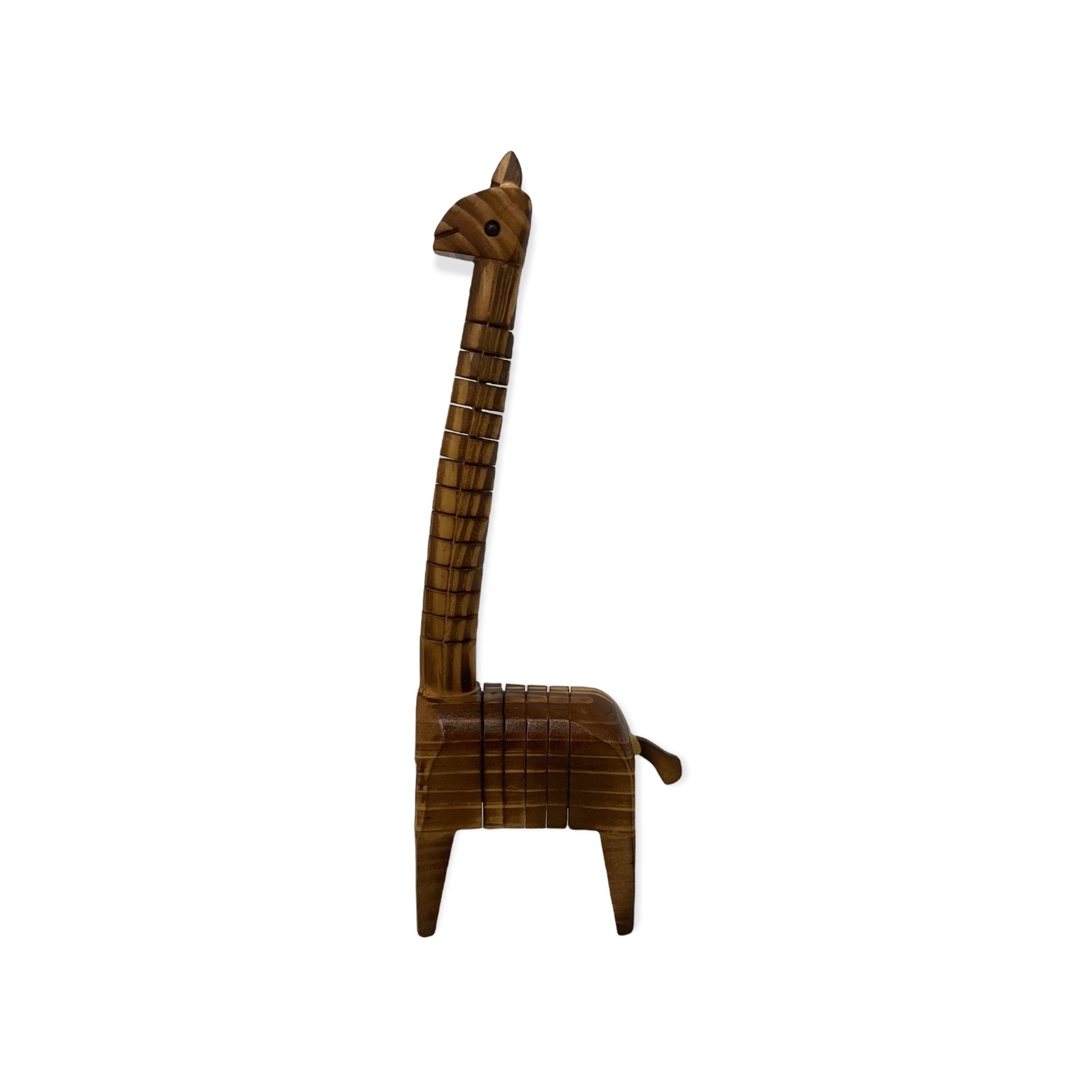 Houten giraffe beeldje met lange, buigzame nek – natuur deco 9×4×25 cm