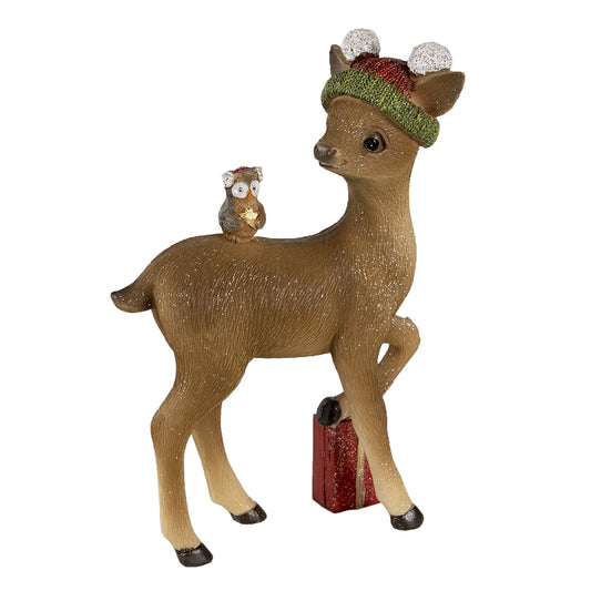 Kerstbeeld hert met uil – Clayre & Eef – polyresin 24 cm