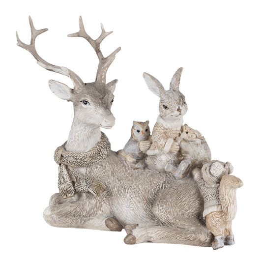 Dierenbeeld van rendier met konijn, uil en eekhoorn in winterse stijl – Clayre & Eef kerstdecoratie in beige