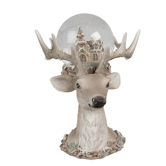 Hertenkop van Clayre & Eef met sneeuwbol en LED-verlichting – winterdecoratie met kerstsfeer
