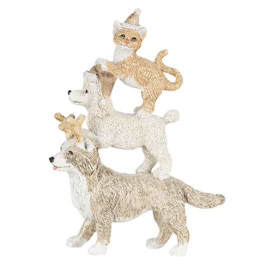 Kerstdecoratie Clayre & Eef – stapelende hond en kat in beige winterstijl, gemaakt van polyresin (12x4x17 cm)