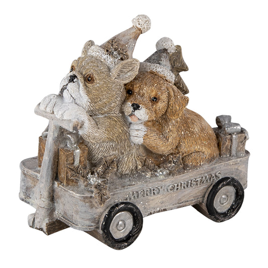 Kerstbeeld Clayre & Eef met twee honden in kar en Merry Christmas opschrift – beige polyresin kerstdecoratie (10x6x9 cm)