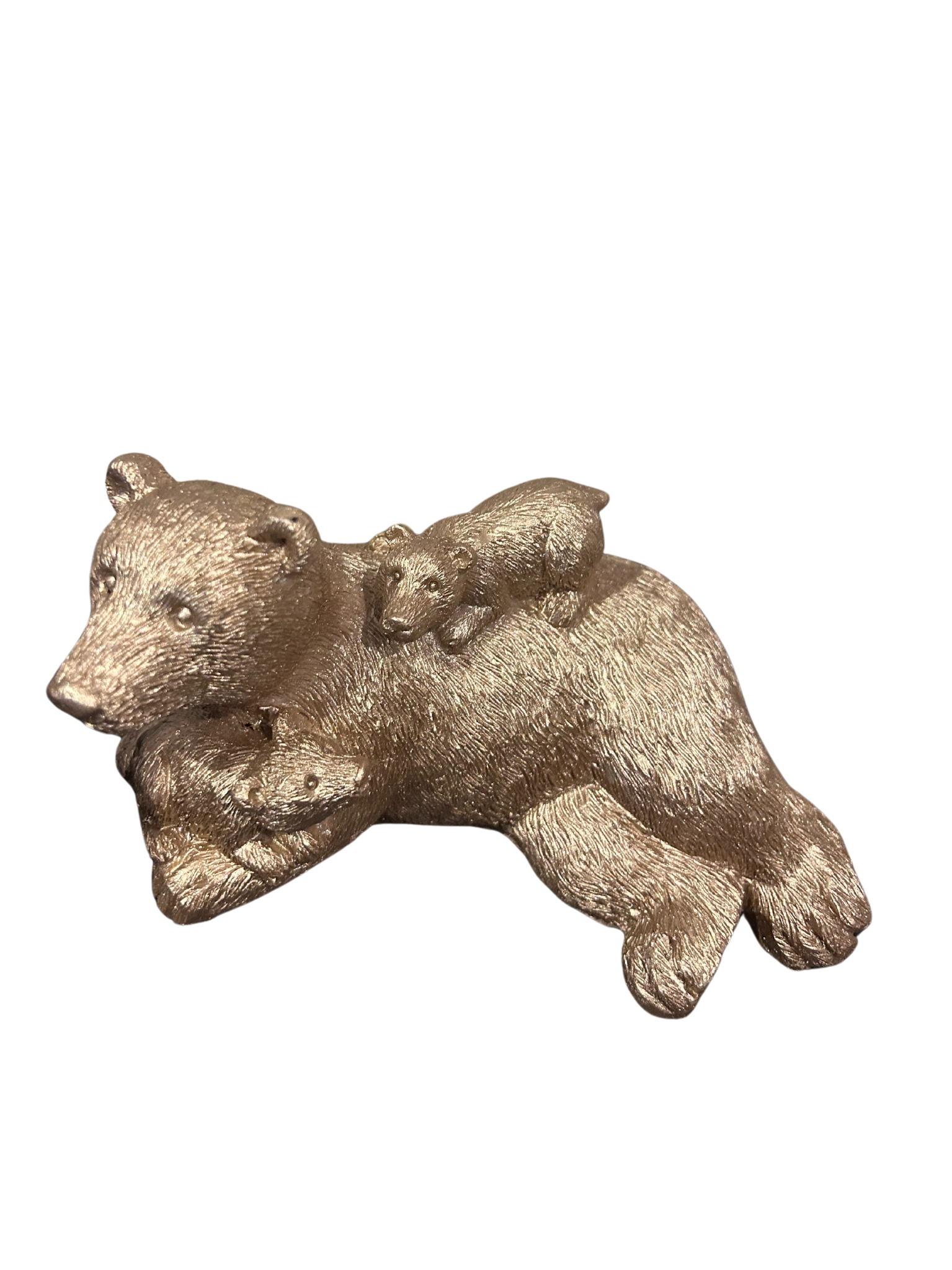 Liggend gouden ijsbeerbeeld met jongen – 15,5x6x10,5 cm – polyresin