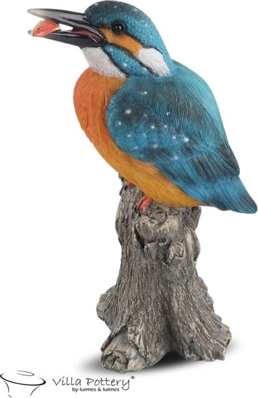 Levensecht ijsvogelbeeld in oranje en blauw op boomstronk – Villa Pottery