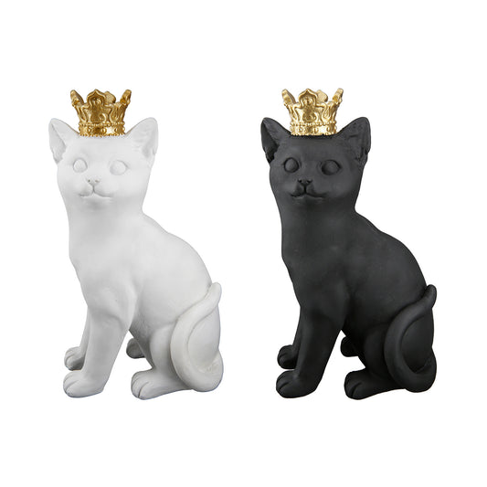 Kattenbeeld in zwart of wit met gouden kroontje, decoratief polyresin woonaccessoire
