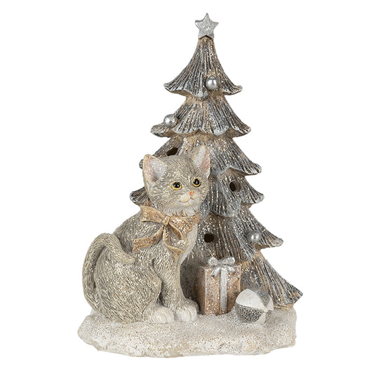 Kerstbeeld Clayre & Eef – kat met kerstboom en cadeautjes in grijs en goud, 16 cm