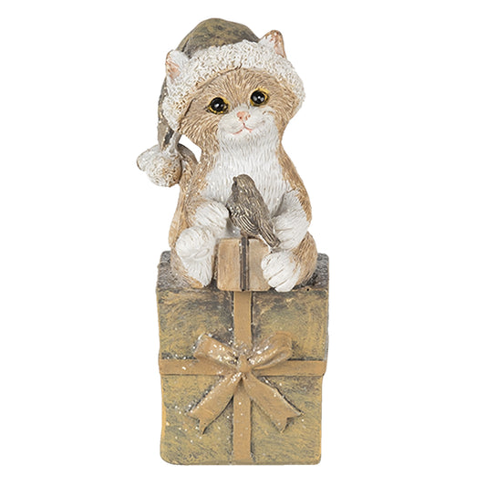 Kerstbeeldje kat met kerstmuts op cadeau – Clayre & Eef – 10 cm

