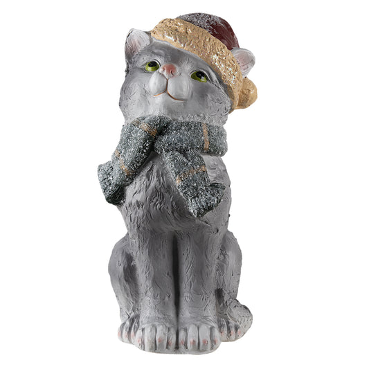 Grijs kerstbeeld kat met kerstmuts en sjaal – Clayre & Eef – 42 cm hoog – kerstdecoratie