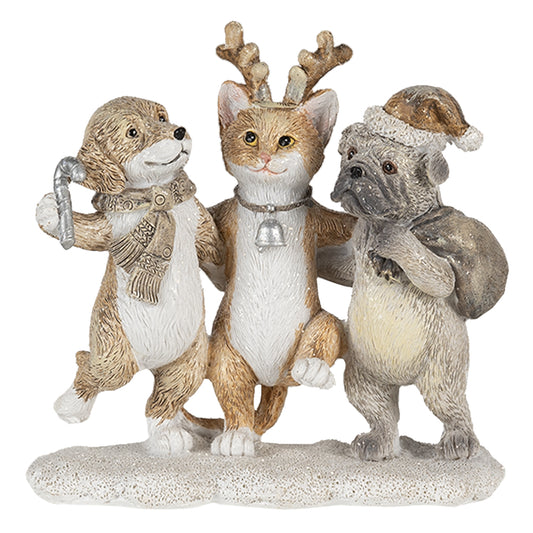 Beeld van dansende hond, kat met rendiergewei en kersthond met zak – kerstdecoratie van Clayre & Eef (13x5x12 cm), polyresin