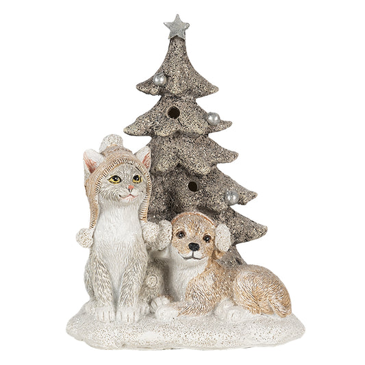 Kerstdecoratie van Clayre & Eef – hond en kat met LED-verlichte kerstboom, polyresin beeld in grijs-witte tinten (11x9x15 cm)