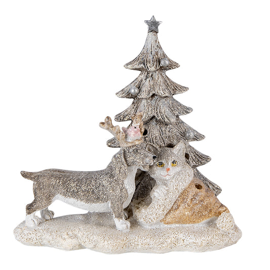 Kerstdecoratie van Clayre & Eef met LED-verlichting – hond, kat en kerstboom van polyresin in grijze tinten (16x10x15 cm)