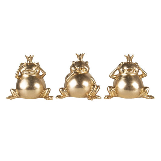 Set van drie gouden kikkerbeelden ‘Horen, Zien, Zwijgen’ van Clayre & Eef – luxe woondecoratie