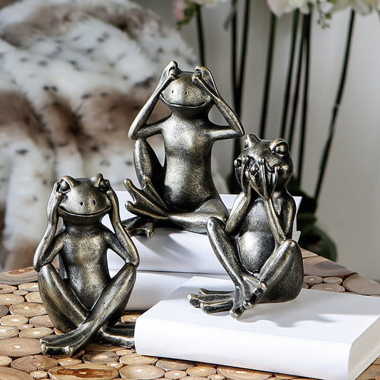 Set van drie antieke kikkerbeelden in polyresin – horen, zien, zwijgen decoratie