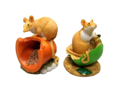 Muizenbeeldje in groene appel of op oranje emmer