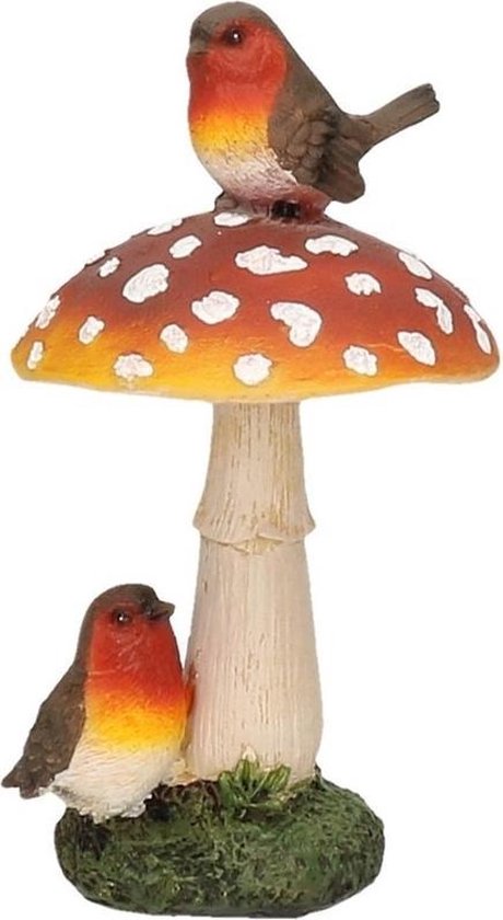 Paddenstoelbeeld met roodborstjes decoratie – 16 cm