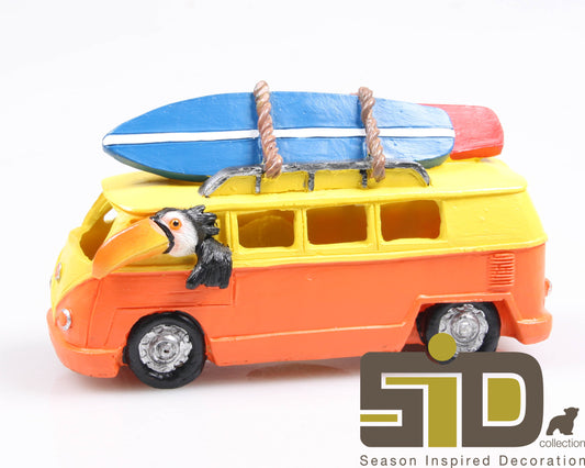 Toekan beeldje in kleurrijke bus – zomerse woondecoratie SID