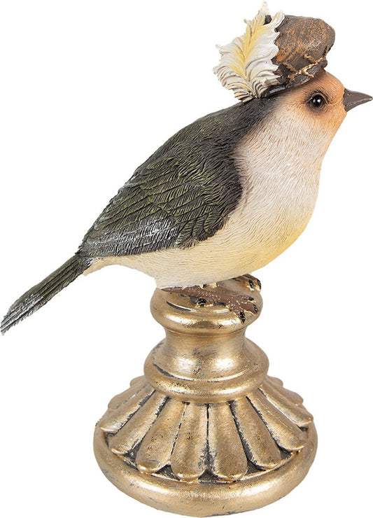 Vogelbeeldje met barok hoed – Clayre & Eef – 8x13x17 cm – decoratief polyresin beeldje