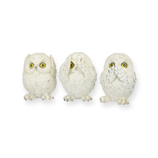 Beelden witte sneeuwuilen horen zien zwijgen – set van 3 – 10 cm