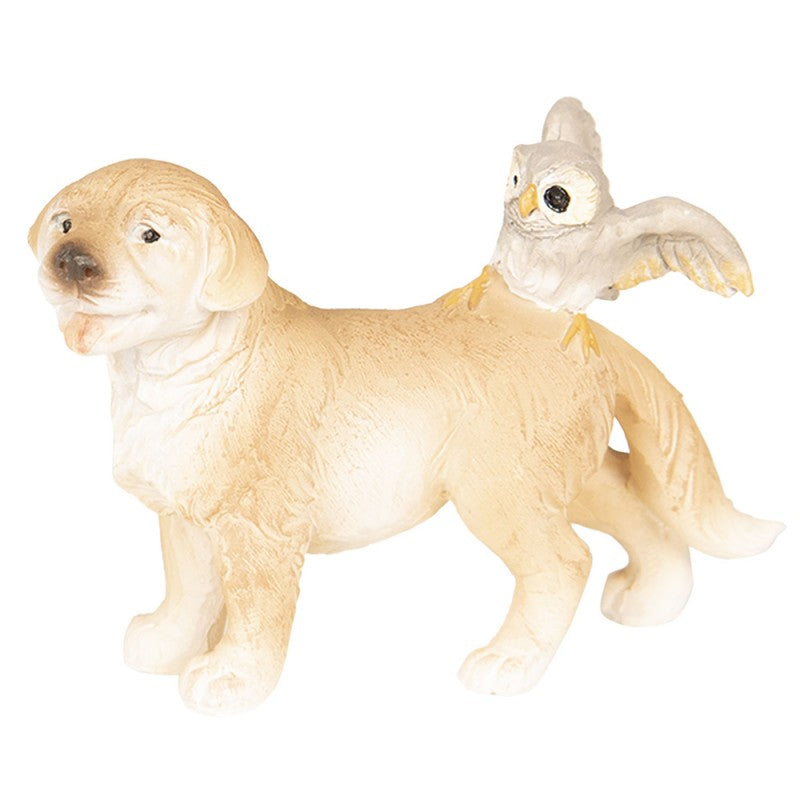 Polyresin beeldje hond met uil op rug – Clayre & Eef decoratief hondenbeeld