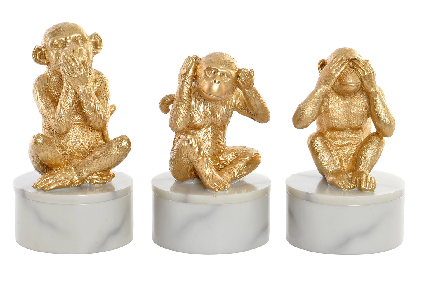 Gouden apenbeeldjes met potjes – horen, zien en zwijgen – marmerlook voet