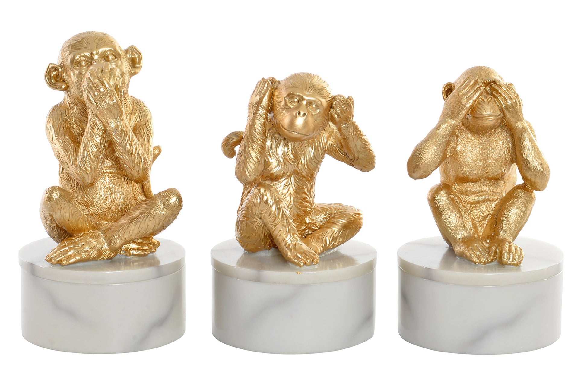 Gouden apenbeeldjes met potjes – horen, zien en zwijgen – marmerlook voet