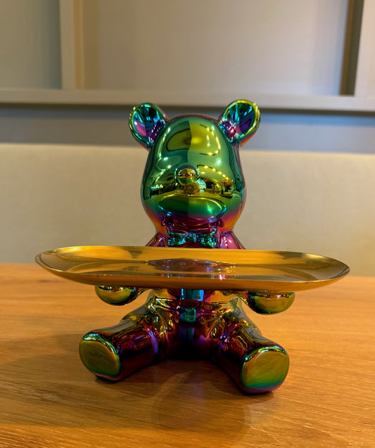 Keramische teddybeer in regenboogglans met goudkleurig dienblad van Evergreen Home Decoration