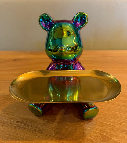 Regenboog Teddy met Gouden Dienblad – 18 cm