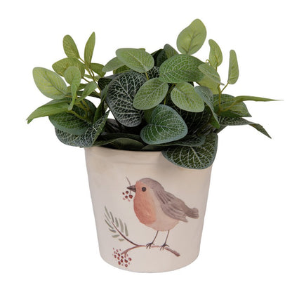 Beige keramieken bloempot met roodborst illustratie – Clayre & Eef – exclusief plantje